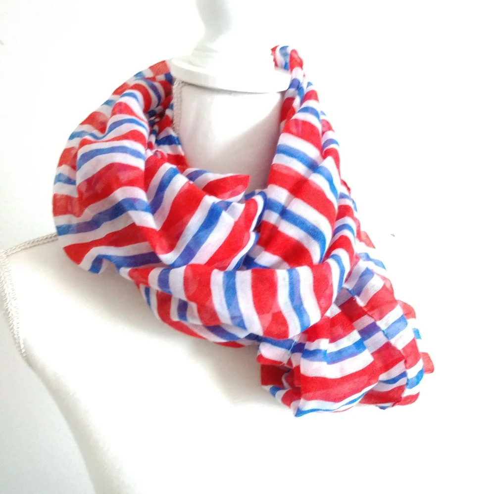 Red White Blue Striped Infinity Scarf Gauze